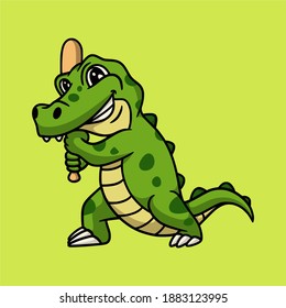 Cartoon Animal Design Crocodile Playing Baseball Cute Mascot Logo