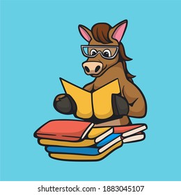 cartoon animal design horse reading book cute mascot logo