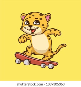 cartoon animal design leopard skateboarding cute mascot logo