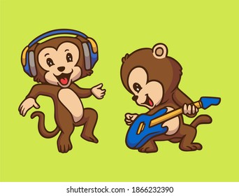 cartoon animal design monkey listening to music and playing guitar cute mascot illustration