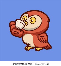 cartoon animal design owl drinking a cup of drink cute mascot logo