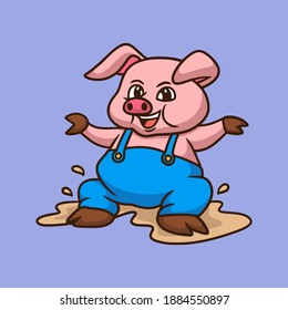 cartoon animal design pigs sit playing mud cute mascot logo