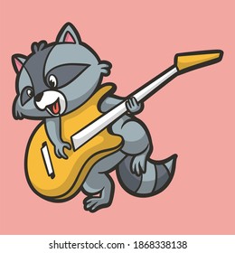 cartoon animal design raccoon playing guitar cute mascot logo