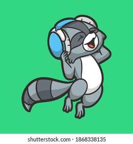 cartoon animal design raccoons listen to music cute mascot logo