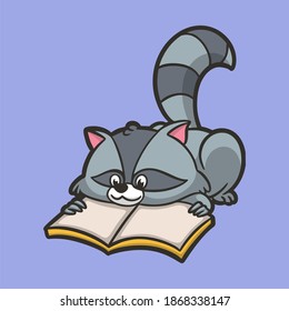 cartoon animal design raccoons reading books cute mascot logo