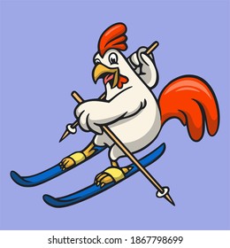 cartoon animal design roosters skiing cute mascot logo