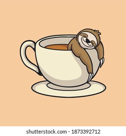 cartoon animal design sloth soak in a coffee glass cute mascot logo