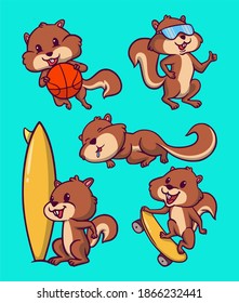 cartoon animal design squirrels play basketball, wear goggles, sleep, surf and skateboard cute mascot illustration