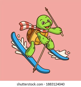 cartoon animal design tortoise ice skiing cute mascot logo