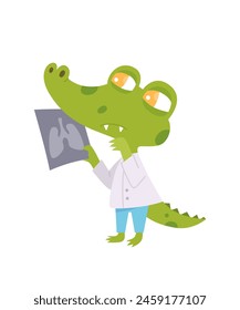 Cartoon animal doctor vector illustration isolated on white. Funny cute smiling crocodile character with x-ray snapshot. Fun health design for school, kindergarten, pediatric clinics and hospitals.
