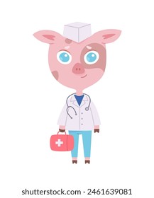 Cartoon animal doctor vector illustration isolated on white. Funny cute smiling pig character with stethoscope and first aid kit. Health for school, kindergarten, pediatric clinics hospitals.