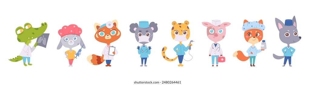 Cartoon animal doctors vector set. Funny cute smiling different animals with medical tools, stethoscope and syringe. Fun design for school, kindergarten, children, pediatric clinics and hospitals.