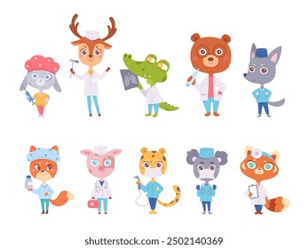 Conjunto de Vector de médicos animales de dibujos animados. Divertido y lindo sonriendo diferentes animales con herramientas médicas, estetoscopio y jeringa. Diseño divertido para la escuela, jardín de infantes, niños, clínicas pediátricas y hospitales.