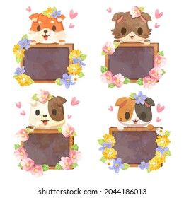 Cartoon animal dog and cat holding signboard, Set with cute animals with blackboard and wooden frame decorated by flower watercolor painting vector illustration