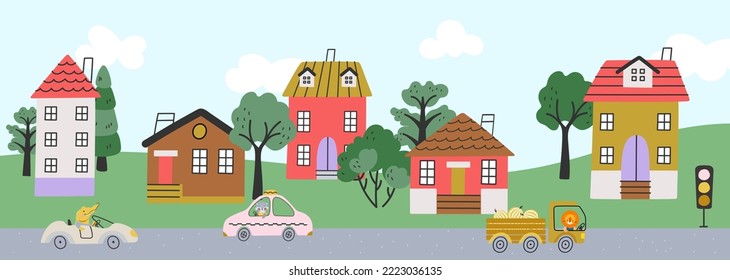 Cartoon animal drive cars and truck. Animals drivers ride on village road, cute nature rustic vector landscape. Scandinavian style buildings, town street background