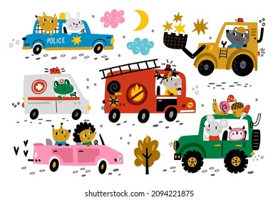 Cartoon Animal Drivers. Cute Baby Motorist Characters, Funny Kids Vehicles. Ambulance, Fire Engine And Police, Excavator And Suv, Nursery Decor, Vector Childish Transport