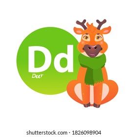 Cartoon animal English alphabet. Vector illustration for letter D with Deer in a scarf