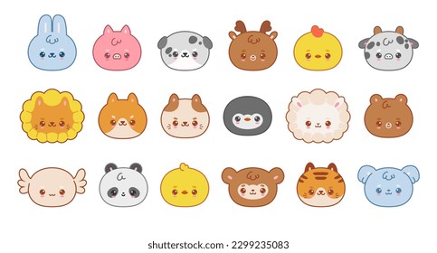 Cartoon animal face. Cute anime character animals, kawaii emoji pet dog and cat sticker, happy rabbit, cow, funny avatar panda bear, wildlife bird, tiger emotion. Vector set. Adorable pig and chicken