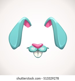 Cartoon Animal Face Items. Bunny Ears, Mouth, Teeth And Nose Details. Funny Vector Assets For Your Photo Decoration.