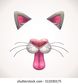 Cartoon Animal Face Items. Cat Ears And Nose Details. Funny Vector Assets For Your Photo Decoration.