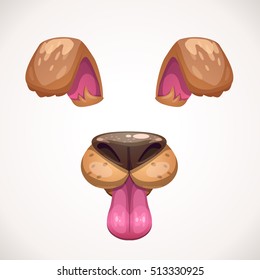 Cartoon Animal Face Items. Dog Ears And Nose Details. Funny Vector Assets For Your Photo Decoration.