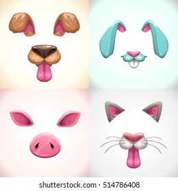 Cartoon Animal Face Items. Dog, Bunny,cat, Pig Ears And Nose Details. Funny Vector Assets For Your Photo Decoration.