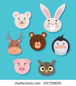 cartoon animal faces icon set over blue background, colorful design, vector illustration