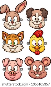 Cartoon animal faces for kids masks clip art. Vector illustration with simple gradients. Each on a separate layer. 
