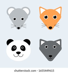 Cartoon animal faces. Mouse, fox, panda, wolf. Vector funny illustrations for kids t-shirt print design, poster, gift card