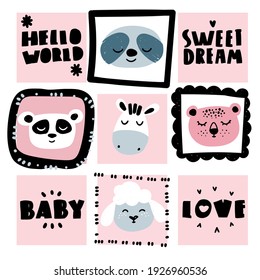 Cartoon animal faces in a Scandinavian style. Funny doodle zebra, sloth, panda bear, sheep and leopard in pink with frames and inscriptions. Posters for children's interior or clothing