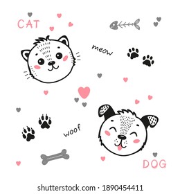 Cartoon Animal Faces. Vector Cute Dog and Cat together. Pet item set. Hand Drawn Doodle Puppy and Kitten