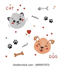 Cartoon Animal Faces. Vector Cute Dog and Cat together. Pet item set. Doodle Puppy and Kitten