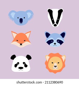 cartoon animal faces, Vector graphics with cute animal faces, koala, badger, fox, panda, lion, raccoon, colored cute animals for kids