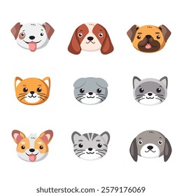 Cartoon animal faces vector pack. Adorable and playful icon set for creative projects