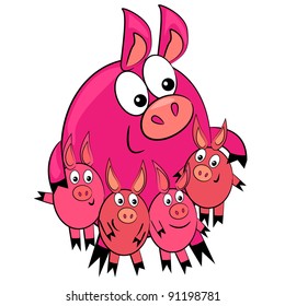 cartoon animal family. pig parent and children isolated characters