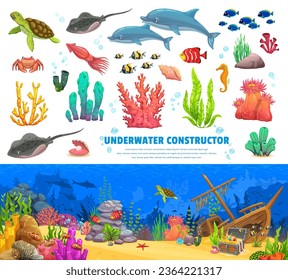 Cartoon animal, fish, seaweeds and corals, underwater landscape constructor vector kit of sea or ocean. Dolphin, stingray and squid with turtle, seahorse or starfish in underwater constructor kit