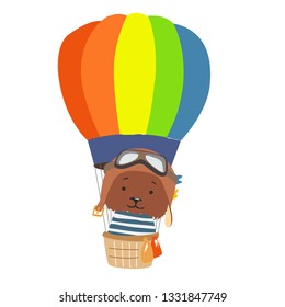 Cartoon animal fly in hot air balloon. Image for children clothes, postcards.