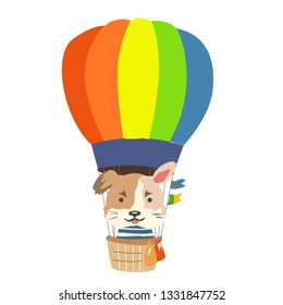 Cartoon animal fly in hot air balloon. Image for children clothes, postcards.