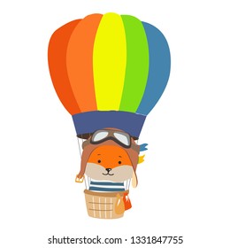 Cartoon animal fly in hot air balloon. Image for children clothes, postcards.
