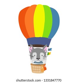 Cartoon animal fly in hot air balloon. Image for children clothes, postcards.