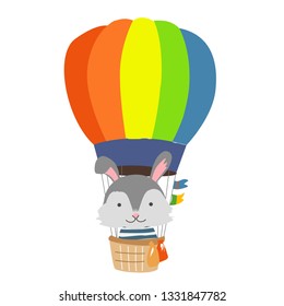 Cartoon animal fly in hot air balloon. Image for children clothes, postcards.
