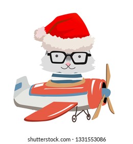 Cartoon animal fly on a airplane. Image for children clothes, postcards.