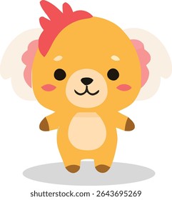 A cartoon animal with a golden body, brown paws, a beige belly, and a red tuft of hair. It has pink cheeks and large, fluffy, white and pink ears.