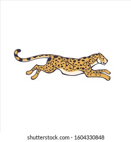 Cartoon animal guepard running fast with high speed isolated at white background. Realistic wild spotted yellow cheetah moving vector graphic illustration side view