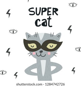 Cartoon animal hand drawn vector poster. Cute Cat Vector print.