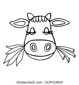 Cartoon animal head of a cow chewing grass,isolated on a white background.Vector illustration in doodle style.It can be used in packaging of dairy products,textiles.