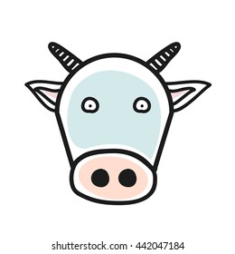 Cartoon animal head icon. Cow face avatar for profile of social networks. Hand drawn design