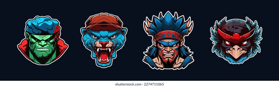 Cartoon animal head, red and blue sport logo collection with white outlined. Angry face of hulk, juguar, warrior, and raven characters. Sport team mascot set. Vector illustration