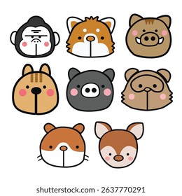 Cartoon Animal Head Set Cute Funny Bold Line Color Baby Isolated