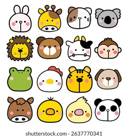 Cartoon Animal Head Set Cute Funny Bold Line Color Baby Isolated